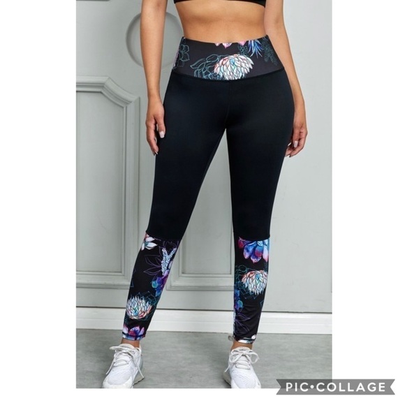 Black Floral Leggings/Workout Pants - Picture 1 of 4